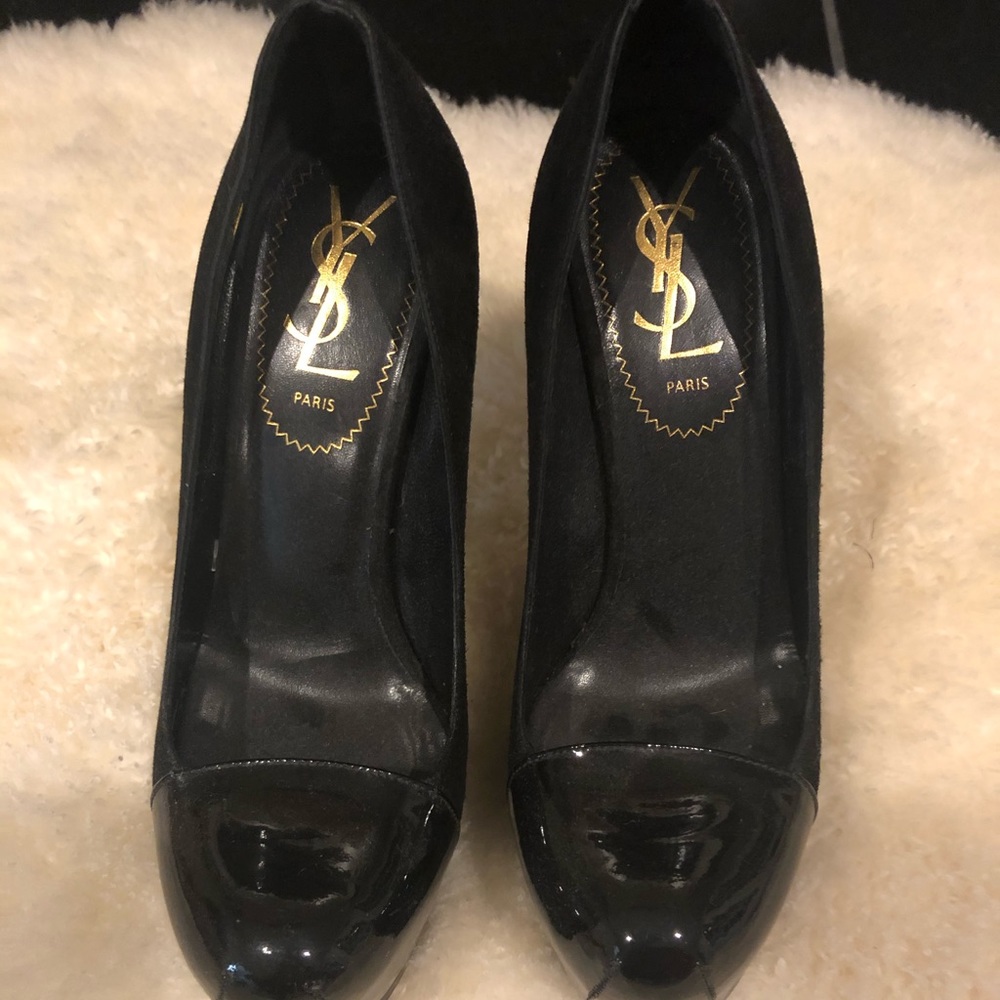 Yves Saint Laurent Black Patent Cap-Toe Pumps
